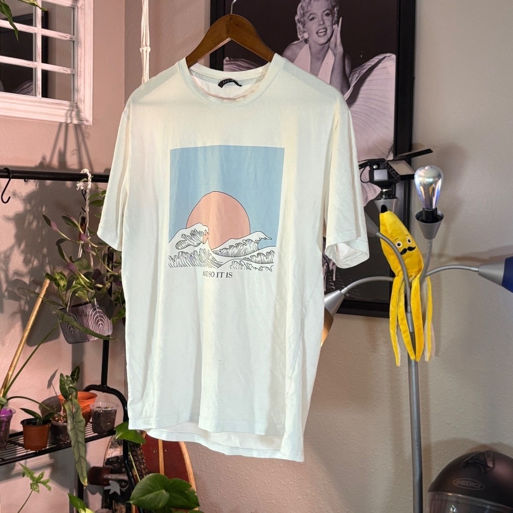 Shein Mens Graphic Tee Shirt Sunset Waves Crew Neck Casual Top‎ White